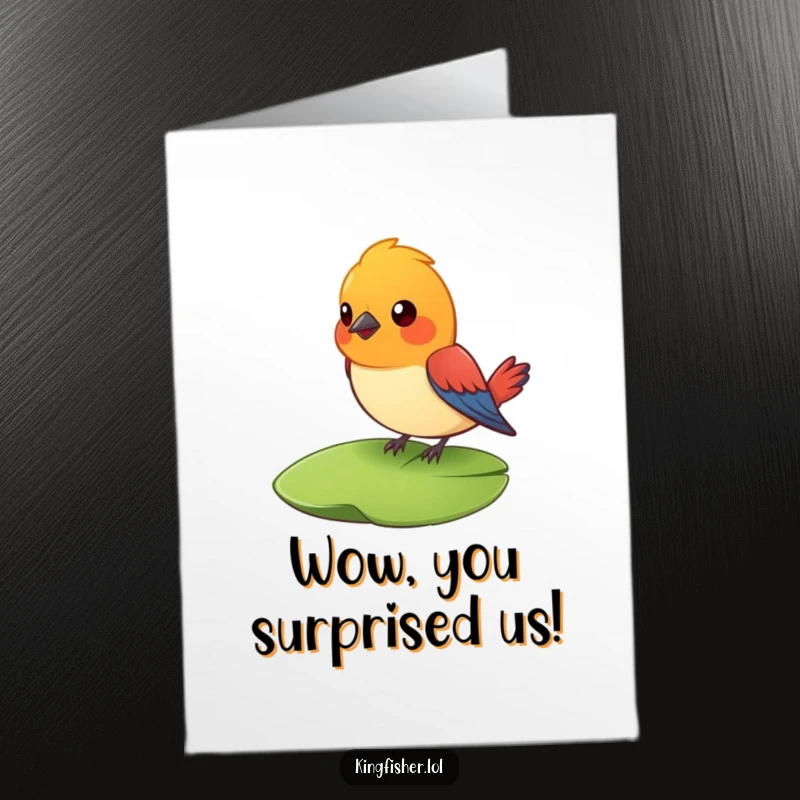 Free Printable Congratulations Card: A colorful bird looks utterly surprised while perched on a lily pad, celebrating big news humorously.