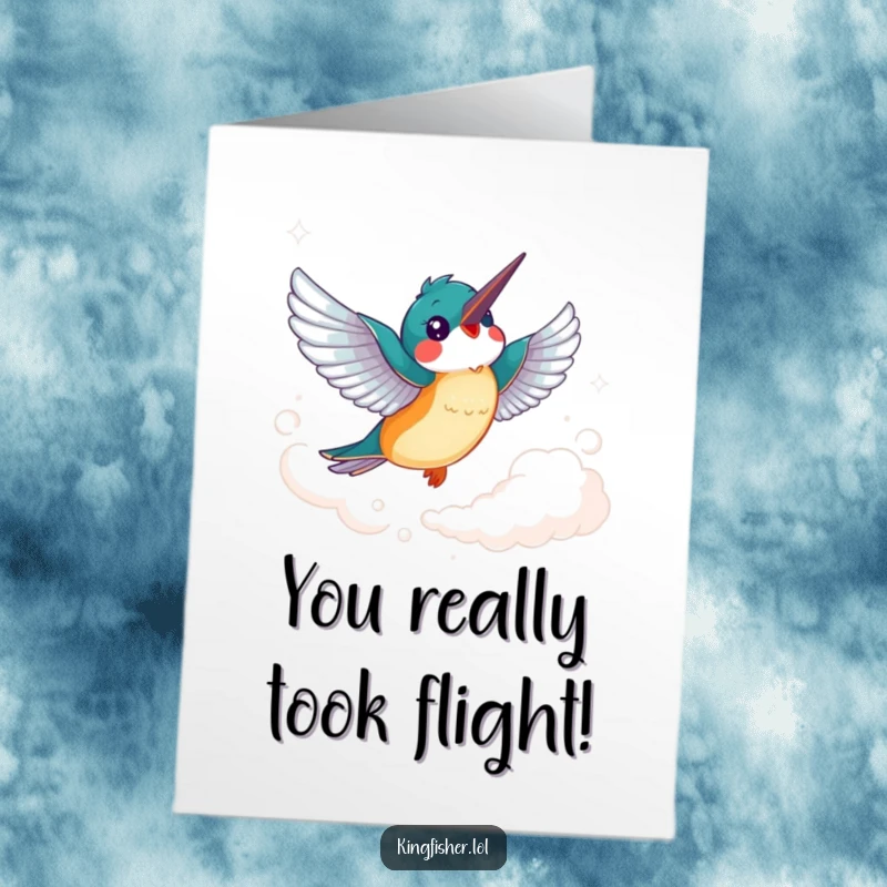 Funny Free Printable Congratulations Card: Cheerful kingfisher bird with flapping wings soaring joyfully through a wispy cloud.