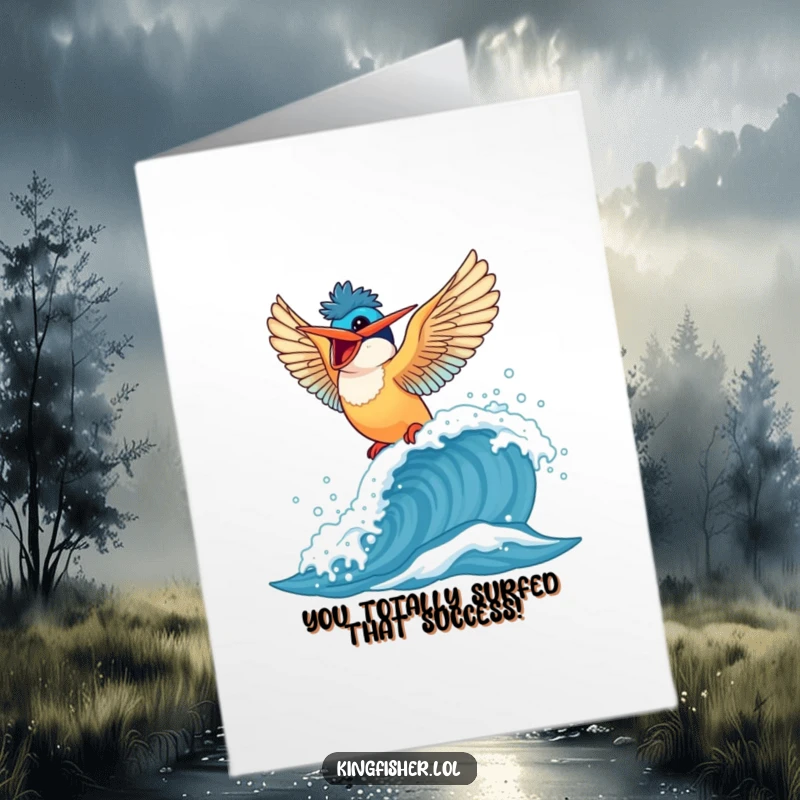 Funny Free Printable Congrats Card: Energetic kingfisher bird surfs a wave, celebrating an achievement with pure delight.