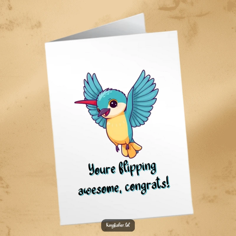 Free Printable congratulations card showing a happy kingfisher doing a cartwheel with its wings spread wide, a symbol of joyful celebration.