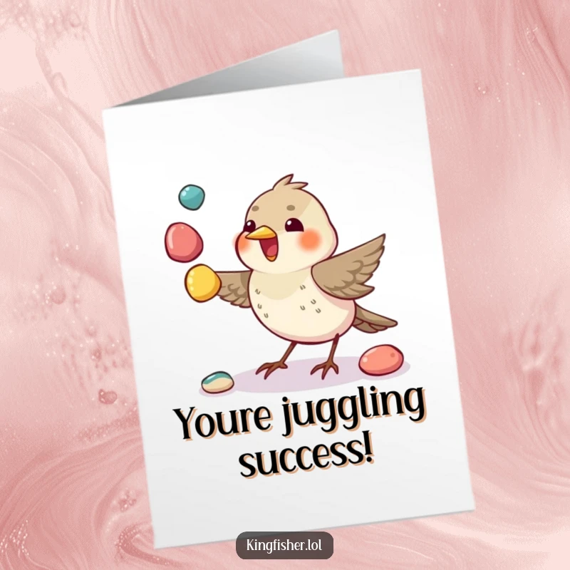 Free Printable congratulations card depicting a small bird impressively juggling three colorful pebbles with its beak, a display of playful skill.
