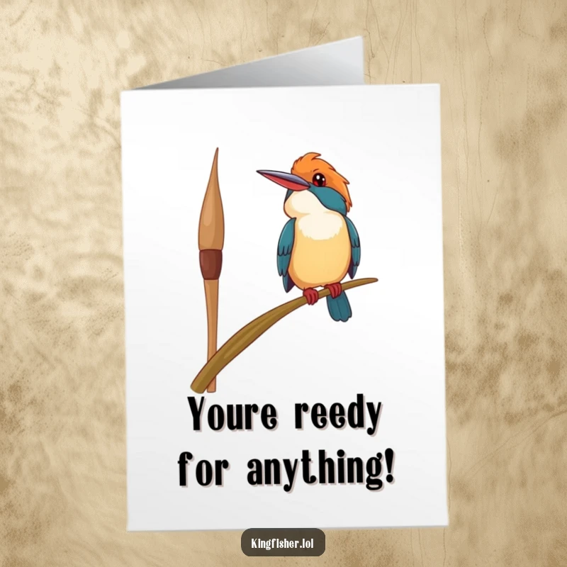 Funny Free Printable Congratulations Card showing a happy kingfisher bird perched precariously on a swaying reed, smiling towards the sky. Great DIY gift.