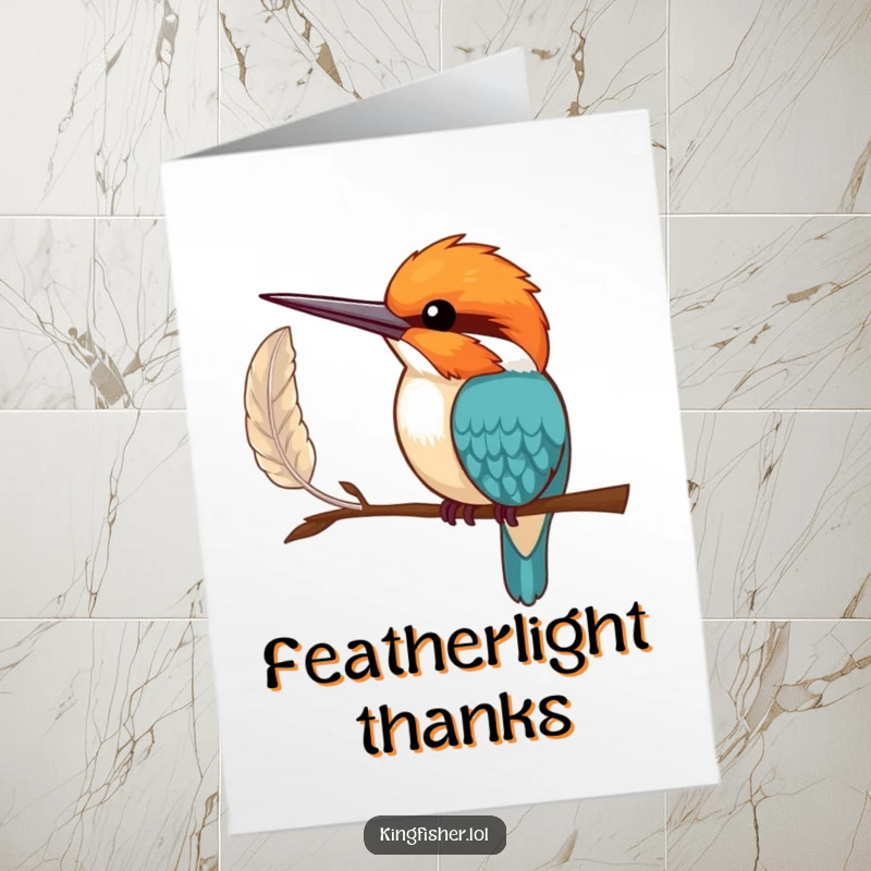 Funny Free Printable Thank You Card depicting a shy kingfisher bird offering a single, perfect feather with one wing, a heartfelt thank you.