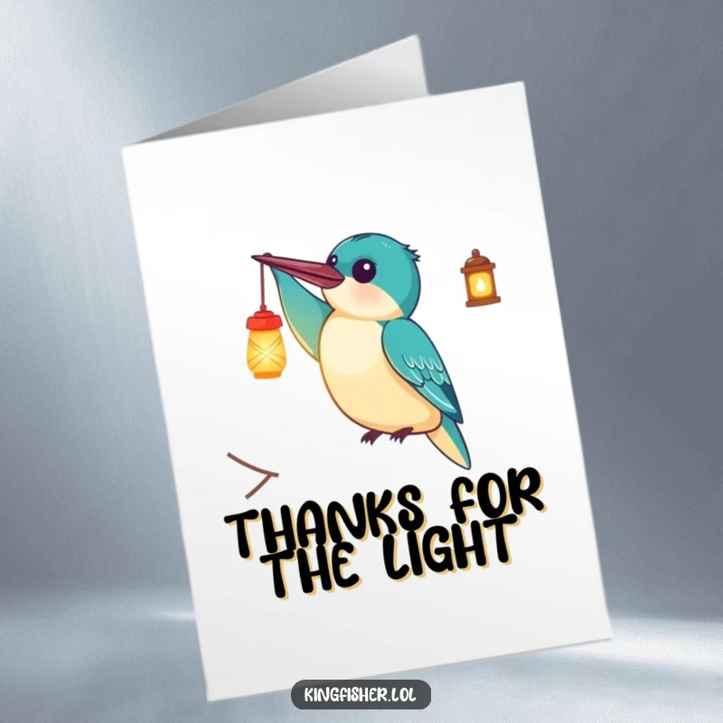 Funny Free Printable Thank You Card showing a delighted kingfisher bird holding a tiny, glowing lantern aloft, a thank you that lights up the day.