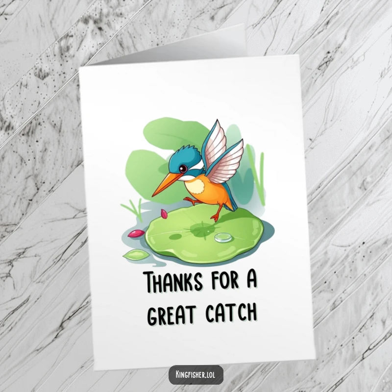 Funny Free Printable Thank You Card: A kingfisher on a lily pad, depicted mid-bounce, ready to catch its meal.
