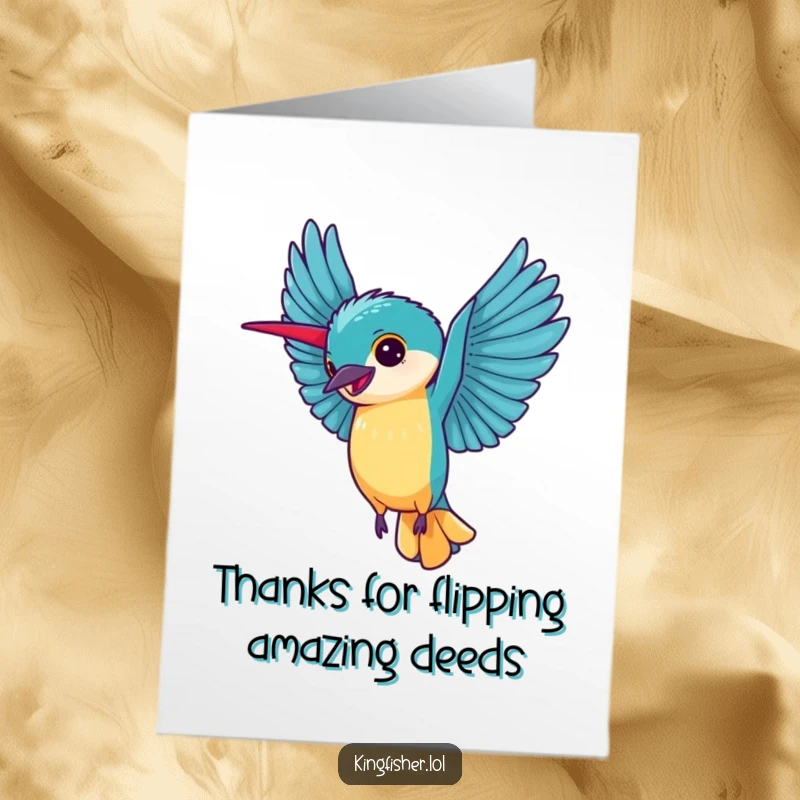 Free Printable thank you card featuring a happy kingfisher doing a cartwheel with its wings extended, conveying thanks with exuberant joy.
