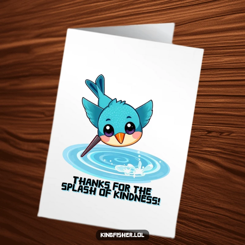 Funny Free Printable Thank You Card: A cheerful kingfisher with large eyes dives towards sparkling water, expressing thanks.