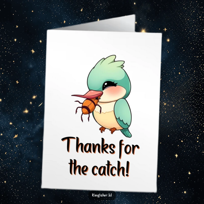 Funny free printable thank you card: Kawaii kingfisher bird winks holding a comically oversized insect, a humorous way to say thanks.