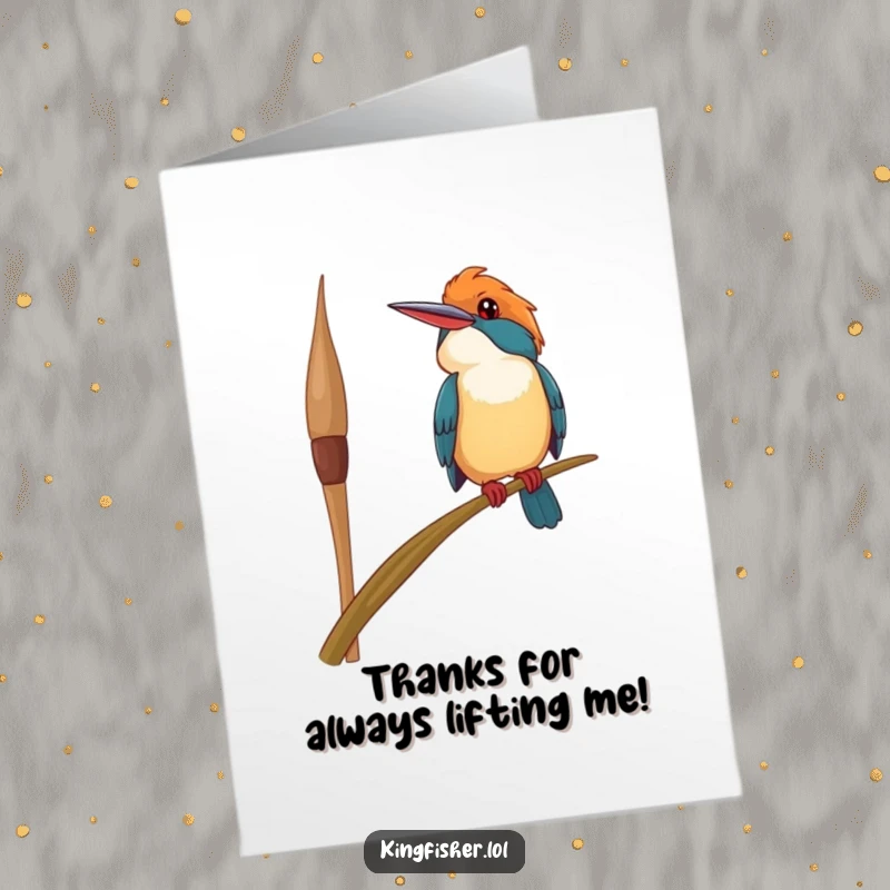 Funny Free Printable Thank You Card featuring a happy kingfisher bird perched precariously on a swaying reed, smiling with gratitude. Easy DIY.