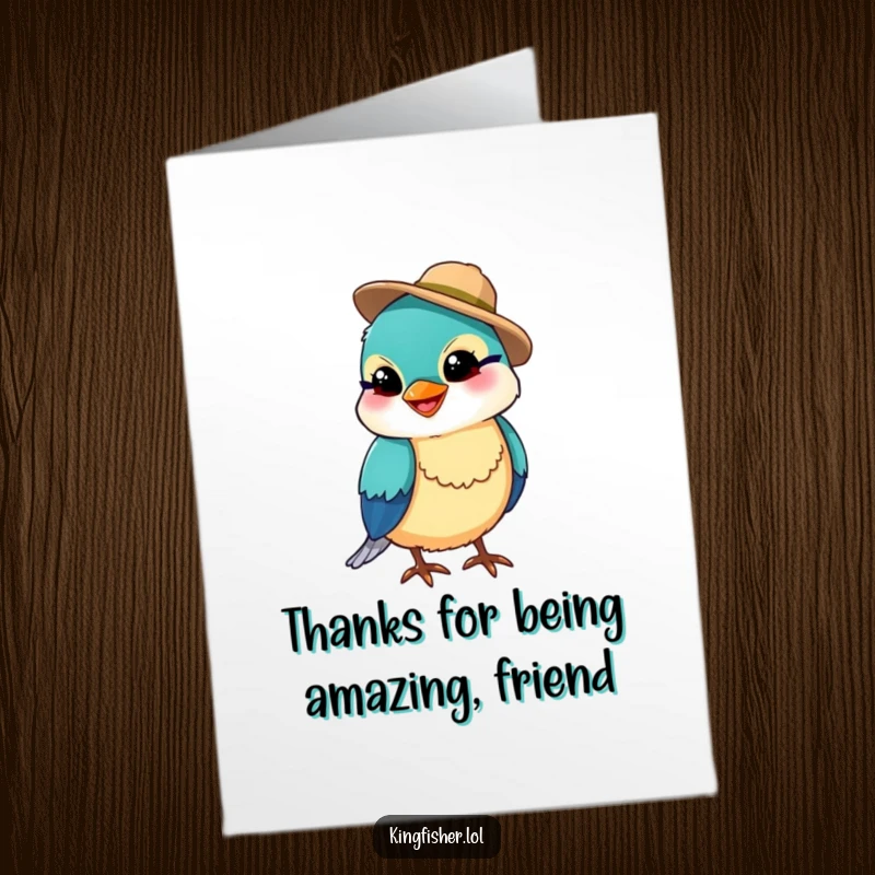 Funny Free Printable Thank You Card: A kingfisher with a silly grin and fishing hat offers heartfelt thanks.