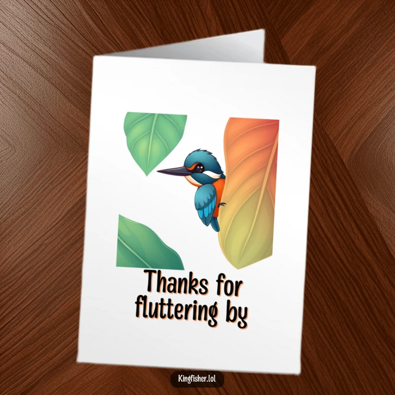 Funny Free Printable Thank You Card: A cheerful kingfisher peeks from behind a bold leaf, sending thanks.