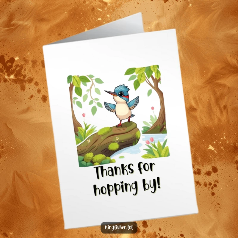 Funny Free Printable Thank You Card: Playful Kingfisher Bird Hopping with Thanks