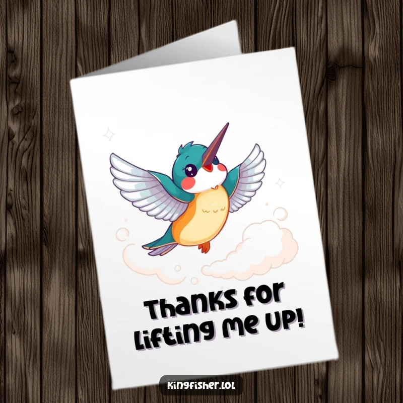 Funny Free Printable Thank You Card: Cheerful kingfisher bird with flapping wings soaring joyfully through a wispy cloud.