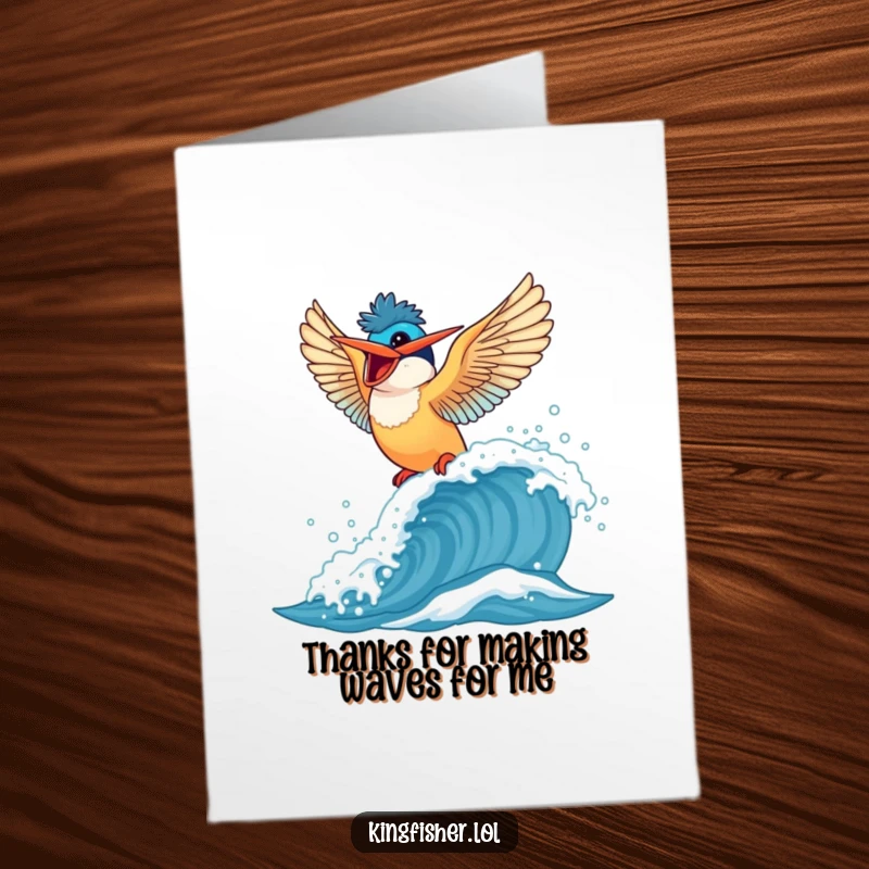 Funny Free Printable Thank You Card: Happy kingfisher bird riding a bouncy wave, sending thanks with enthusiasm.