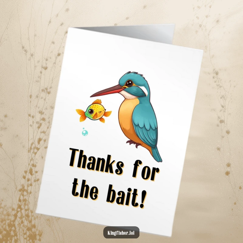 Funny Free Printable Thank You Card: Curious kingfisher bird tilting its head, watching a brightly colored fish swim by.