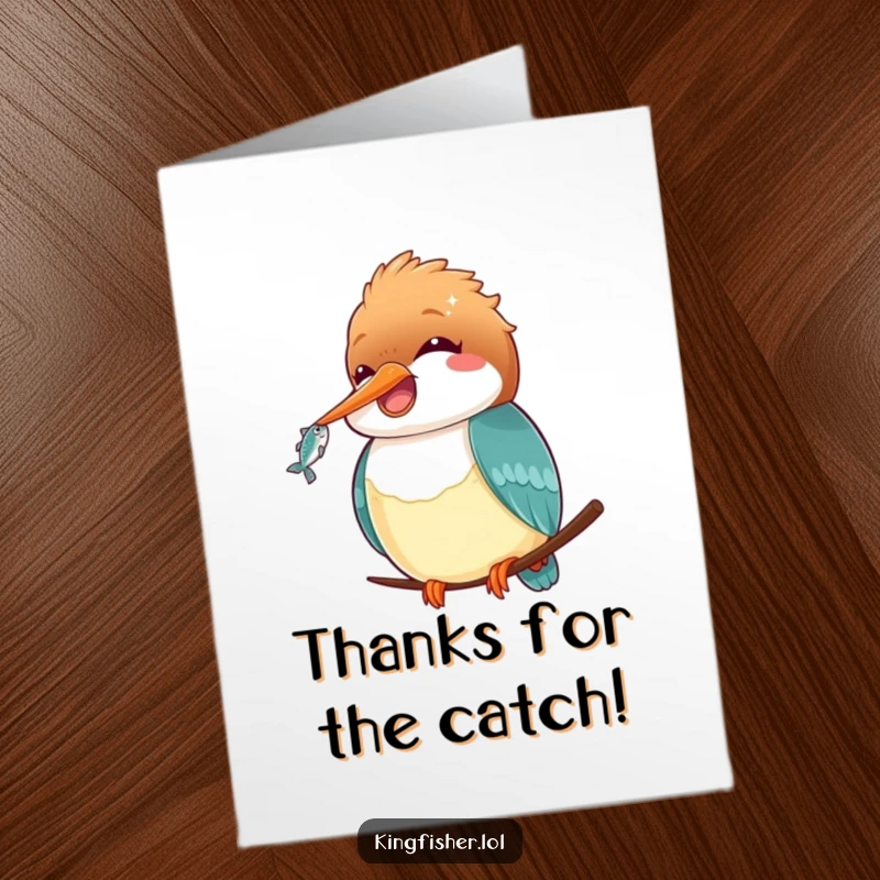 Funny Free Printable Kawaii Kingfisher Thank You Card: Cute kingfisher holding a small fish, expressing thanks with adorable flair.