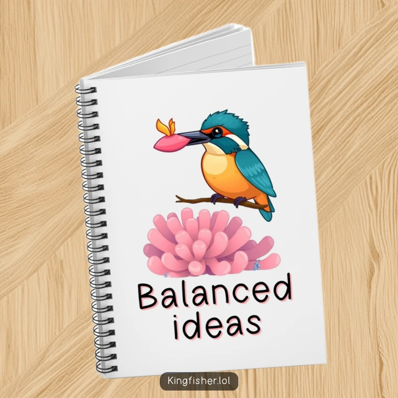 Funny kingfisher notebook, bird balancing a vibrant anemone on its beak, perfect for writing, journaling, sketching.