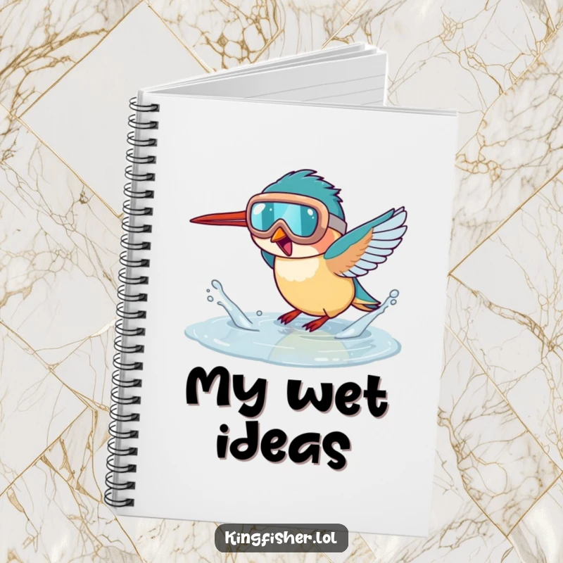 Funny kingfisher notebook, a bird wearing goggles splashing in a puddle, perfect for writing, journaling, sketching.