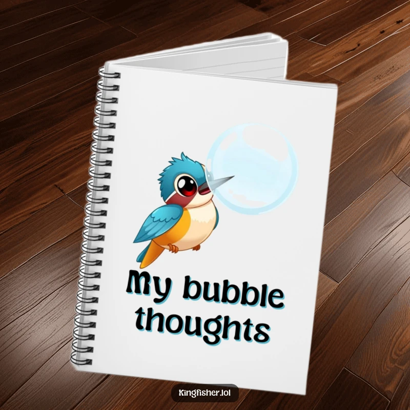 Funny kingfisher notebook, bird with wide eyes chasing a comical bubble, perfect for writing, journaling, sketching.