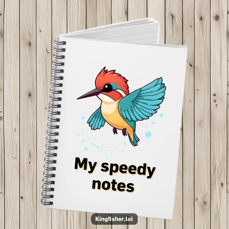 Funny Kingfisher Notebook with a kingfisher zooming past, leaving a trail of sparkling bubbles, ideal for notes.