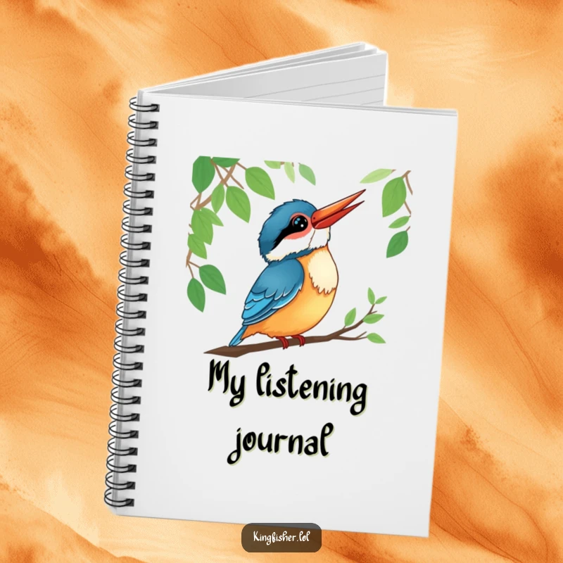 Funny kingfisher notebook cover featuring a smiling bird listening intently to forest sounds, ideal for journaling.