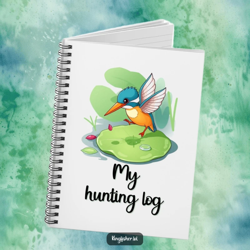 Funny kingfisher notebook cover featuring a playful bird on a lily pad, ideal for journaling.