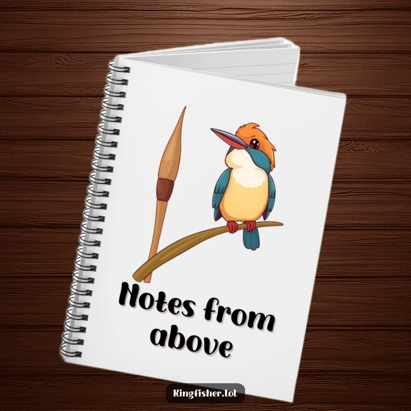 Funny happy kingfisher bird notebook, perched precariously on a swaying reed, looking upwards with a smile, offering a cheerful space for notes.