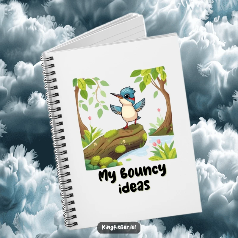 Funny Playful Kingfisher Notebook: A playful kingfisher bird hopping excitedly on a mossy log.
