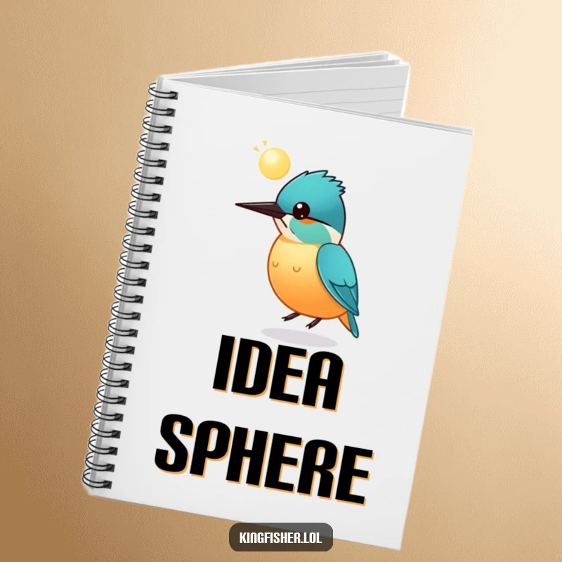 Funny round kingfisher notebook, a bird bouncing a glowing sphere on its head, perfect for writing, journaling, sketching.