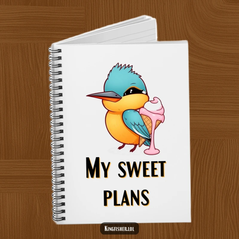 Funny kingfisher notebook, a bird winking while holding a dripping ice cream cone, perfect for writing, journaling, sketching.