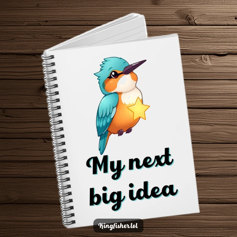 Funny kingfisher winks, holding a glowing star, on a notebook, ideal for journaling celestial thoughts humorously.