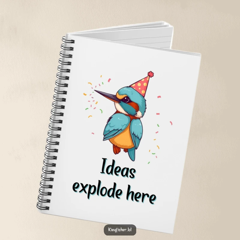 Funny notebook with a kingfisher bird in a party hat, firing confetti, great for notes and ideas.