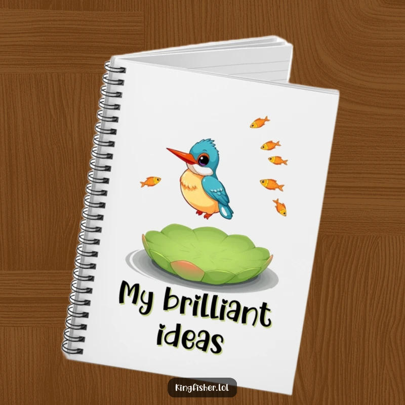 Funny Kingfisher Notebook featuring a happy kingfisher juggling fish while balancing on a lily pad, perfect for notes.