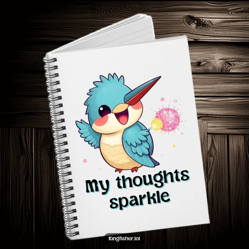 Funny Kingfisher Notebook with a kawaii kingfisher throwing a glitter bomb, perfect for jotting down funny thoughts.