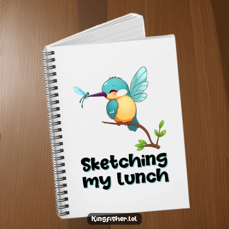 Funny Kingfisher Notebook: A smiling kingfisher bird playfully pecks at a shimmering dragonfly, ready for your notes.