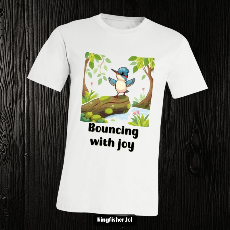 Funny Playful Kingfisher T-Shirt: A playful kingfisher bird hopping excitedly on a mossy log.