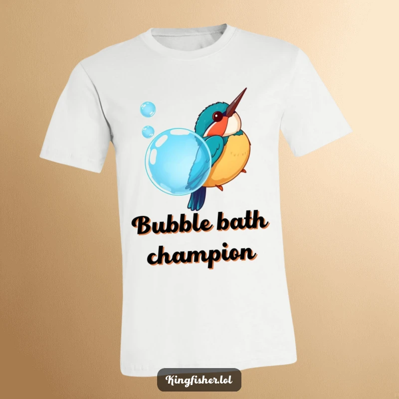 Funny t-shirt featuring a chubby kingfisher bird mid-dive into a shimmering blue bubble, capturing a moment of pure avian joy.