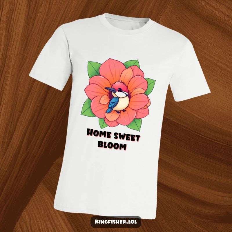 Funny Kingfisher T-Shirt depicting a kawaii bird peeking from a vibrant flower hole, perfect for playful and humorous wear.