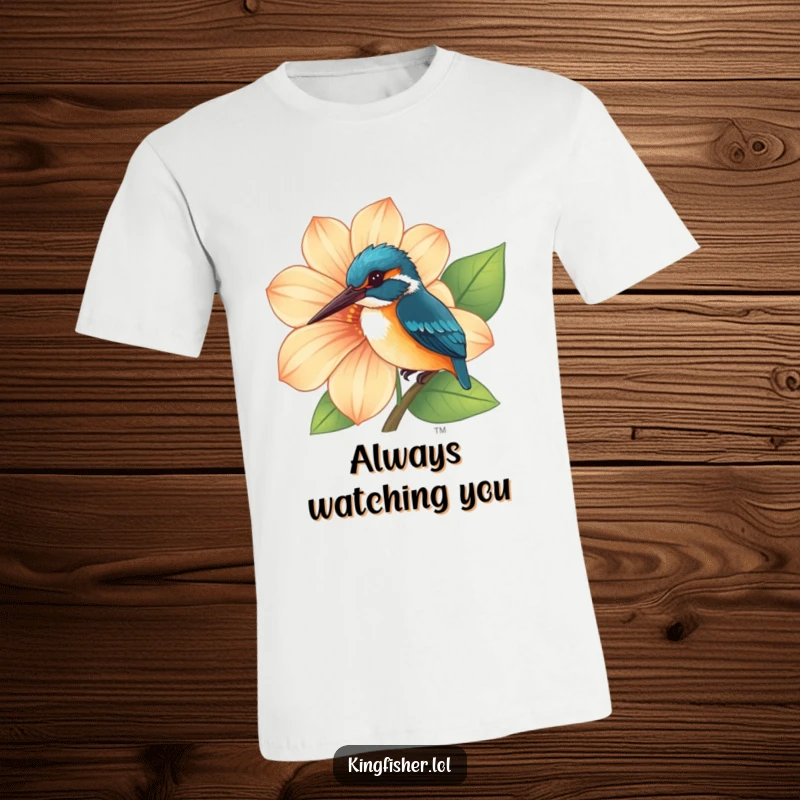 Funny Kingfisher T-Shirt featuring a curious kingfisher peeking playfully from behind a large, vibrant flower.