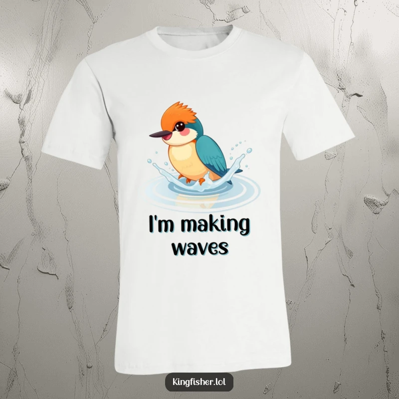 Funny t-shirt depicting a smiling kingfisher joyfully splashing in shallow water, embodying pure, unadulterated fun.