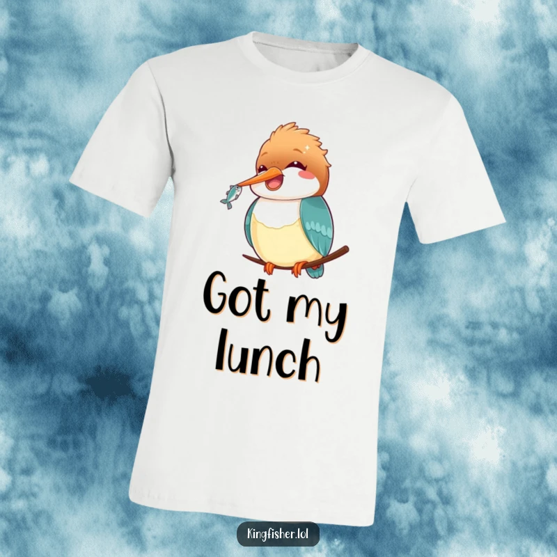 Funny Kawaii Kingfisher T-Shirt: A super cute kingfisher character happily holding a small, shiny fish, designed for a funny appeal.