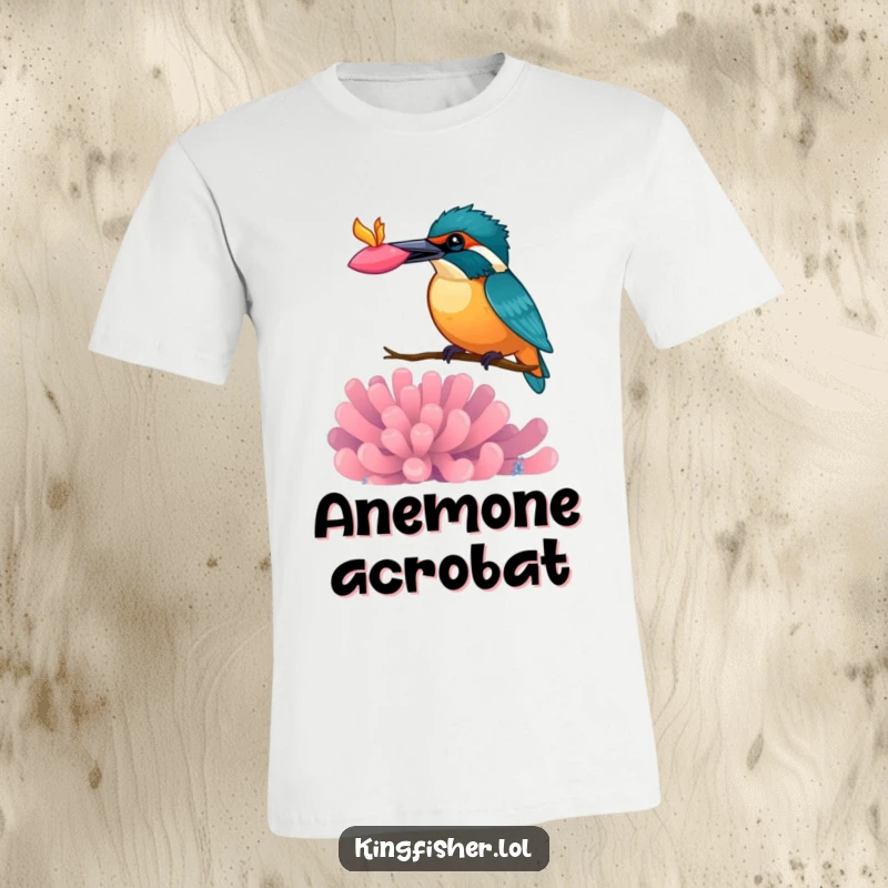 Funny kingfisher t-shirt, a bird balancing a vibrant anemone on its beak, showcasing playful skill and charm.