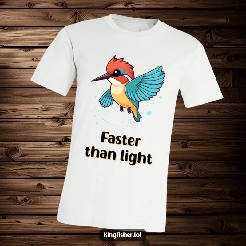 Funny Kingfisher T-Shirt featuring a kingfisher in mid-flight, creating a dazzling trail of sparkling bubbles.
