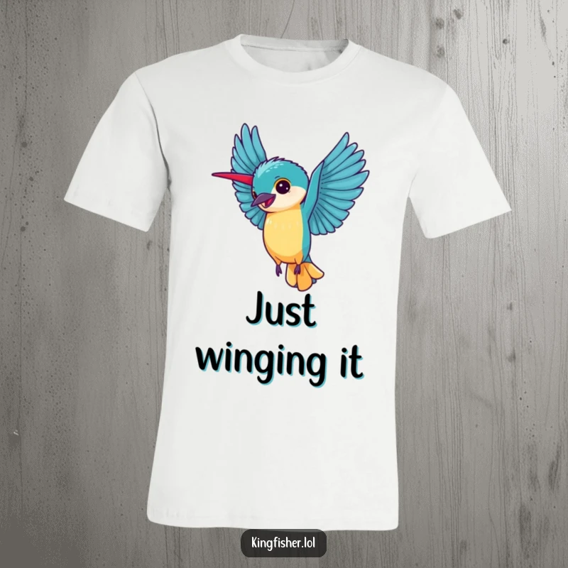 Funny Kingfisher T-Shirt: A happy kingfisher does a cartwheel with wings outstretched, conveying playful energy.
