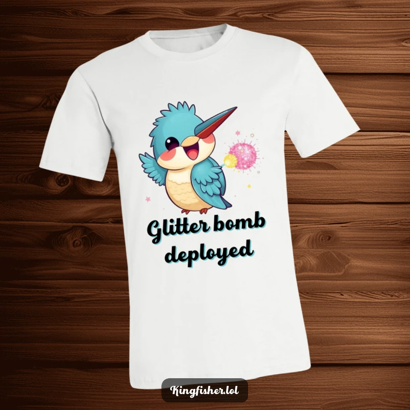 Funny Kingfisher T-Shirt featuring a kawaii kingfisher mid-throw, launching a vibrant glitter bomb with a huge grin.