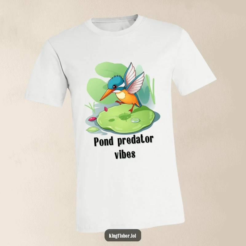 Funny kingfisher character t-shirt, bouncing on a lily pad, in a playful pose hunting prey.