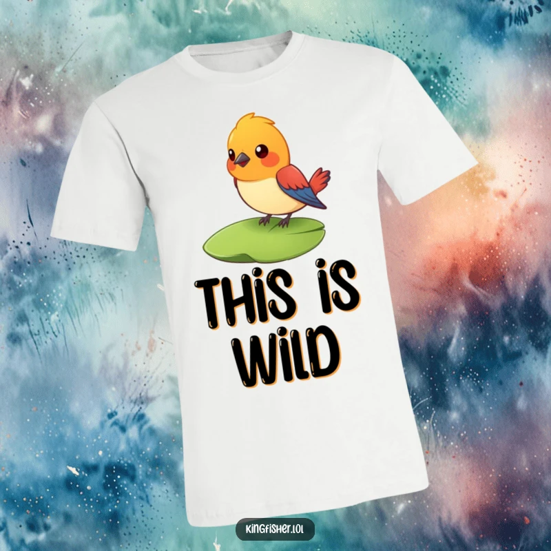 Funny Surprised Bird T-Shirt: A colorful bird perches on a lily pad, its eyes wide with surprise. Hilarious bird apparel.
