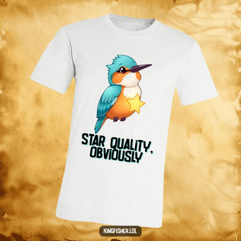 Funny kingfisher winks, holding a bright glowing star on a t-shirt, a celestial and humorous design.