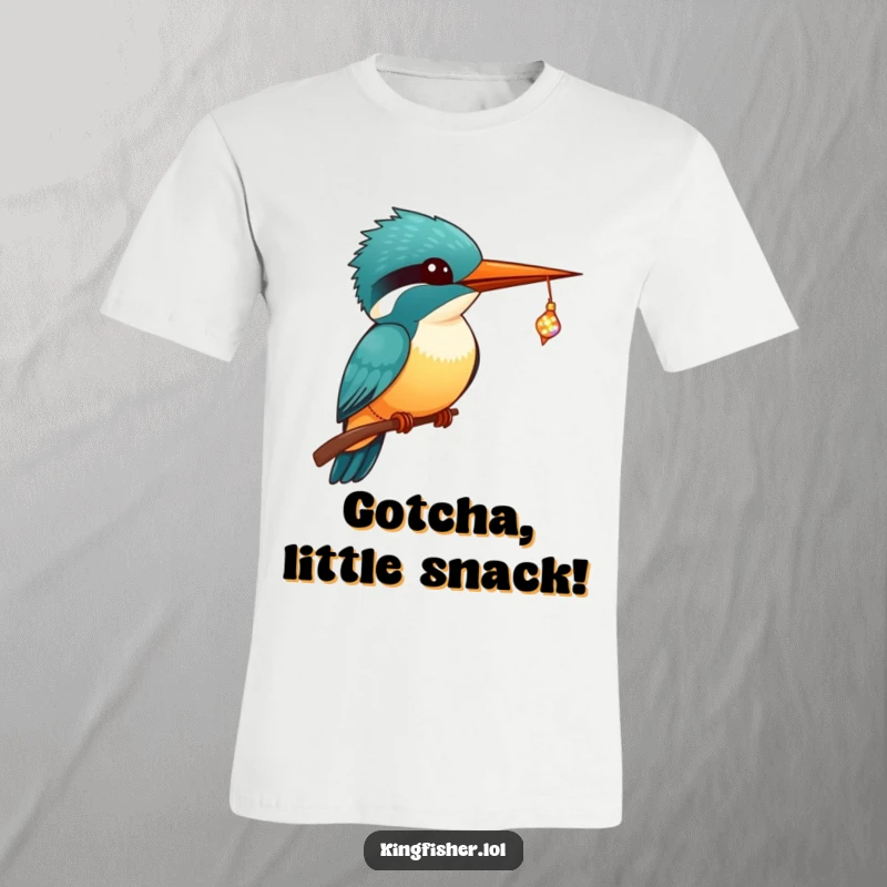 Funny Kingfisher T-Shirt depicting a kawaii kingfisher with big eyes, proudly holding a sparkling, tiny fish in its beak.