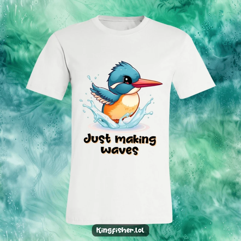 Funny Kingfisher T-Shirt: Depicting an energetic bird playfully splashing water with its beak, full of life and humor.